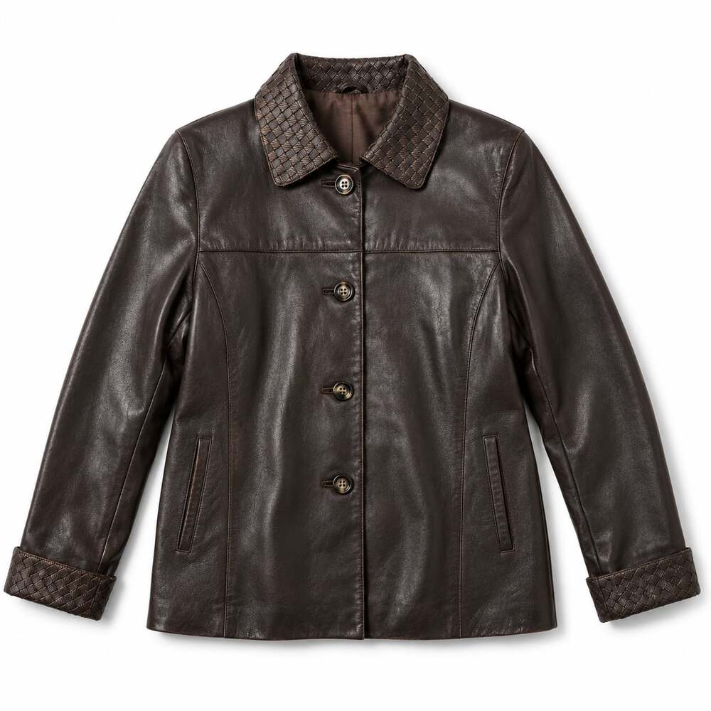Vintage Chocolate Brown Genuine Leather Jacket with Woven Trim Detail
